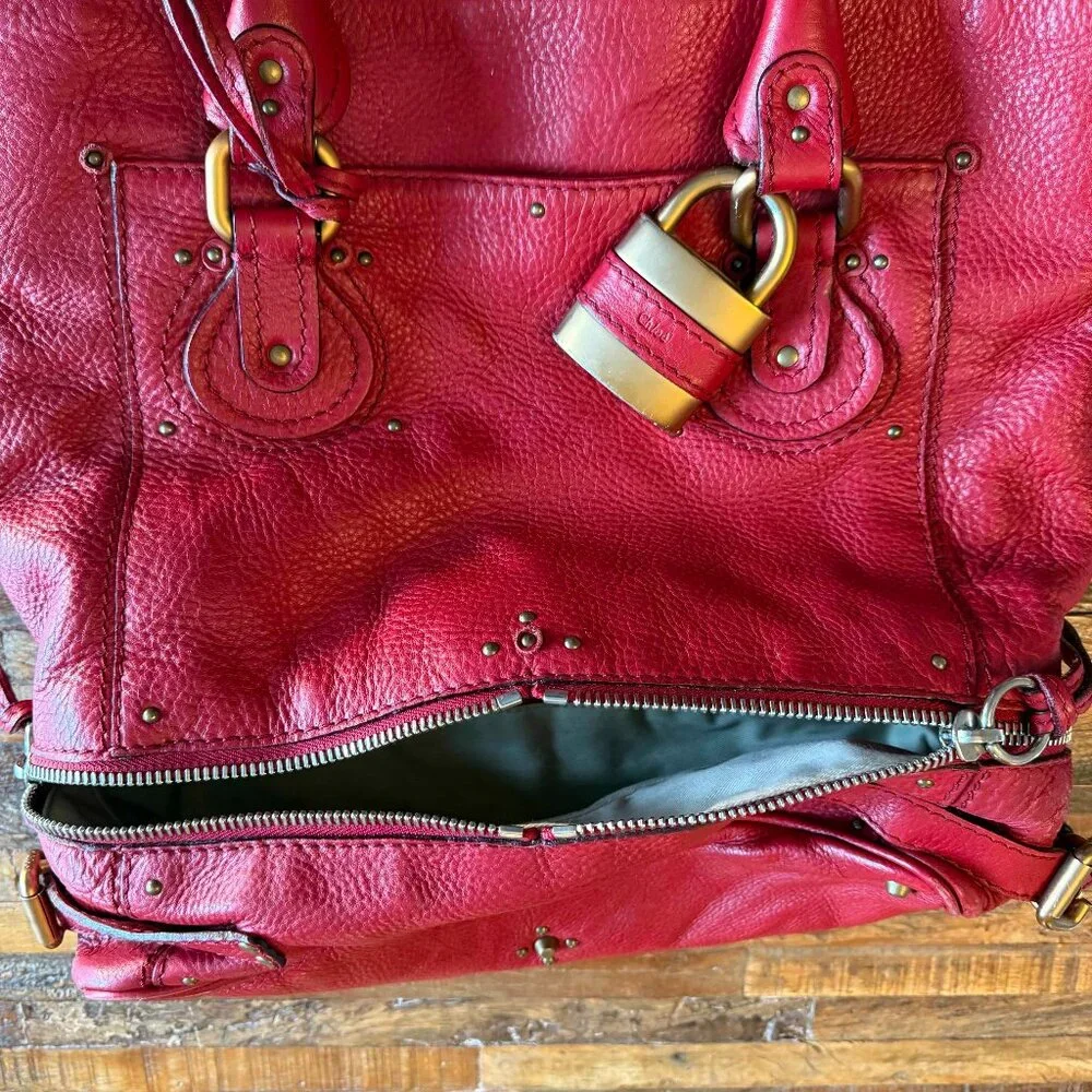 CHLOE l Authentic Red Leather PADDINGTON l Shopper Tote Handbag - Picture 9 of 12